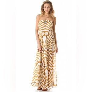 BB DAKOTA strapless gold white geometric maxi dress vacation date night sz M EUC
